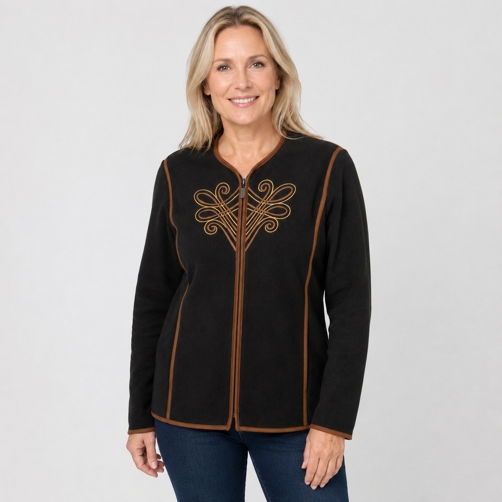 Bob Mackie Wearable Art Fleece Jacket XS Black Embroidered Full Zip